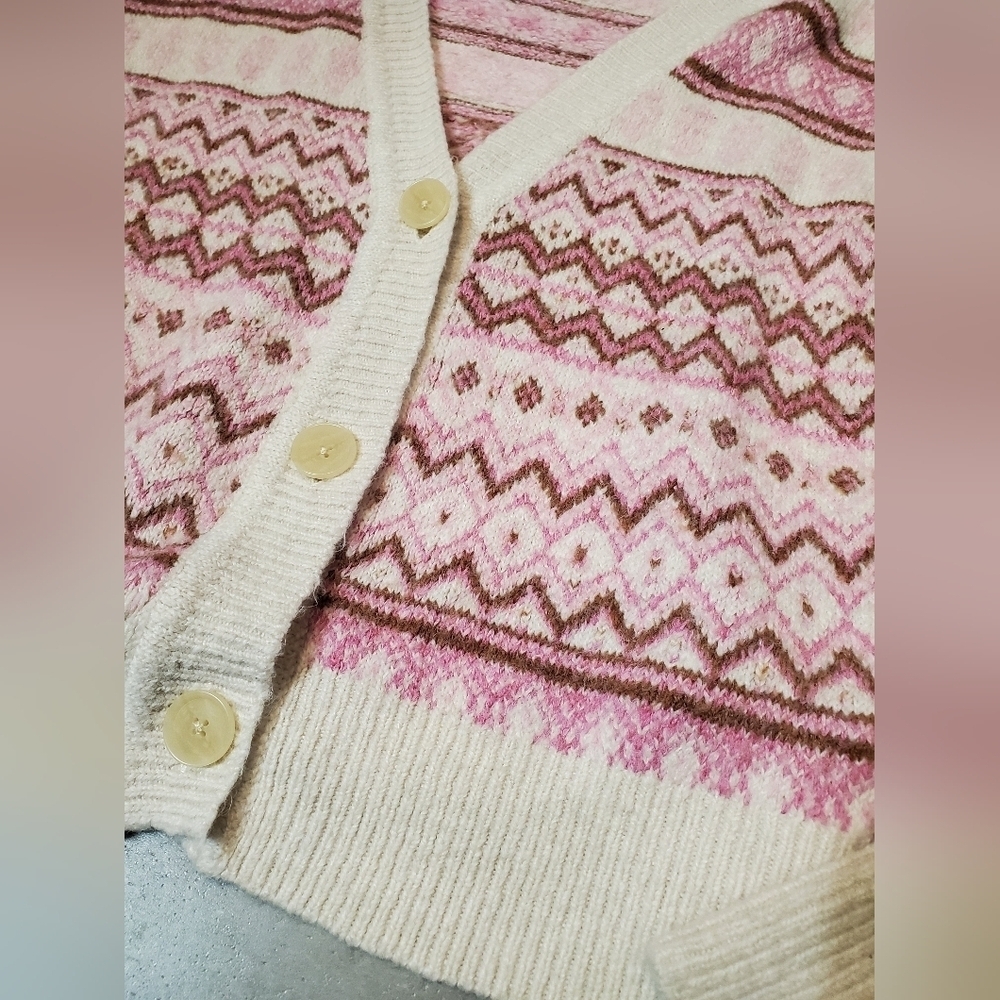 Twik by Simons short cardigan. Buttons. Long sleeves. Fair Isle / Nordic. Size L - Picture 4 of 10